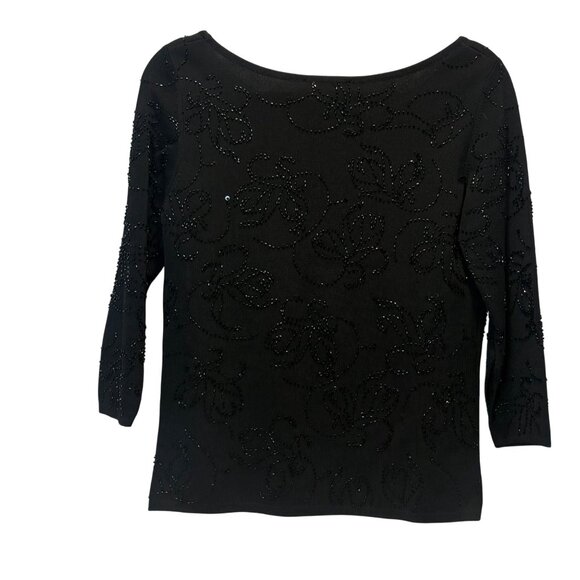NEW Sandra Darren Black Beaded 3/4 Sleeve Knit Top Scoop Med Elegant VTG Glam - Picture 4 of 8